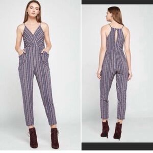 BCBGeneration Striped V-Neck Sleeveless Jumpsuit in Navy & Burgundy